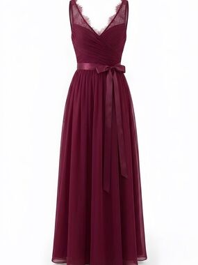 BHLDN Hitherto Lace-Trim V-Neck Maxi Dress in Maroon with Waist Sash